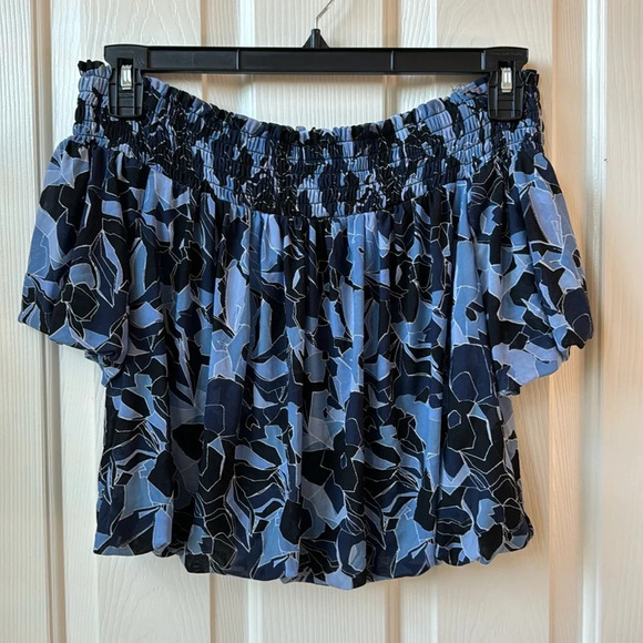 Free People Dark Combo TechniColor Smocked Bubble Crop Top Floral Blue Small - Picture 2 of 7